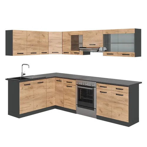 Vicco Winkelküche Rick, Anthrazit/Goldkraft Eiche, 267 x 167 cm - Küchenzeilen mit modernem Design, ausgestattet mit 4 Unterschränken und 7 Hängeschränken für optimalen Stauraum und eine stilvolle Arbeitsplatte in Weiß-Marmor.