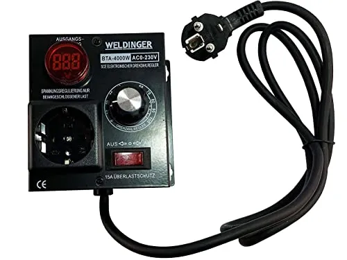 WELDINGER Spannungsregler AC 230V 9A 4000W - Spannungswandler für stufenlose Anpassung, ideal für Elektrowerkzeuge wie Bohrmaschinen und Schleifgeräte, mit Wandmontage und leichtem Design.