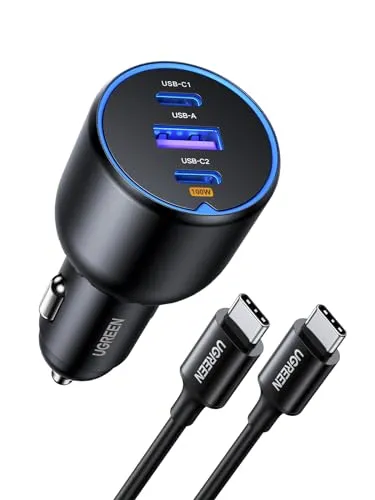 UGREEN 130W USB C Autoladegerät mit 3 Ports - Kfz-Handyladegeräte für schnelles Laden: 100W Ausgang für MacBook Pro in nur 1,5 Std. und gleichzeitige Schnellladung von 3 Geräten dank intelligenter Stromverteilung.