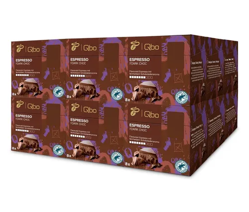 Tchibo Qbo Espresso Flavoured Dark Chocolate Kaffeekapseln, 144 Stück - Kaffeekapseln & Pads: Nachhaltige Premium Kaffeekapseln mit 100% Arabica Bohnen, intensiver Schokonote und 35% weniger CO2-Emissionen durch innovative Verpackung.