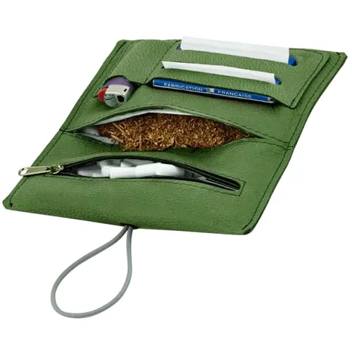 SIMARU Tabaktasche aus hochwertigem Echt-Leder für 30g Tabakbeutel, Echtleder Dreher-Tasche/Drehtabaktasche inkl. Filterfach und Plättchen-Halter (Geyser)