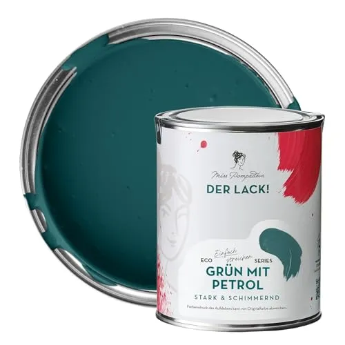 MissPompadour seidenmatte Holzfarbe Innen & Außen 1L Grün mit Petrol, Möbelfarbe ohne Schleifen - Farbe für Holz, Metall, Kunststoff - Holzlack, Möbellack schnelltrocknend mit hoher Deckkraft