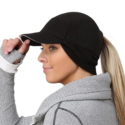 TrailHeads Winter Mütze mit Loch für Zopf – Fleece Cap Damen Pferdeschwanz – Trailblazer Reflektierende Sport Damen (schwarz)