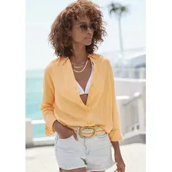 Hemdbluse LASCANA, Damen, Gr. 36, orange (mango peach), Web, Obermaterial: 58% Viskose, 28% Baumwolle, 14% Leinen, unifarben, modisch, figurumspielend hüftbedeckend, V-Ausschnitt, Langarm 2-Knopf-Manschette, Blusen, aus Leinenmix, Damenbluse mit Hemdkragen und Knopfleiste, Topseller