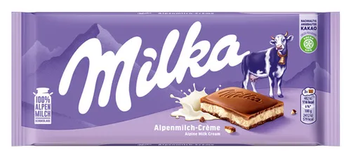Milka Alpenmilch-Crème 100g - Feine Schokolade mit zarter Alpenmilchfüllung, ein Genuss für Schokoladenliebhaber und perfekt zum Teilen.