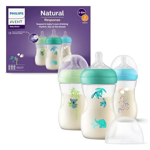 Philips Avent Natural Response Babyfläschchen mit 260 ml und Saugern mit mittlerem Nahrungsfluss (Durchflussrate 3), 3er-Pack, mit Tropenmuster, SCY903/73