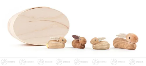 Miniatur Kaninchenfamilie in Spandose - Erzgebirge - Hübsche Holzfiguren für Ostern, handgefertigt in Deutschland, ideal für die Dekoration in Wohnzimmer, Küche oder Schlafzimmer.