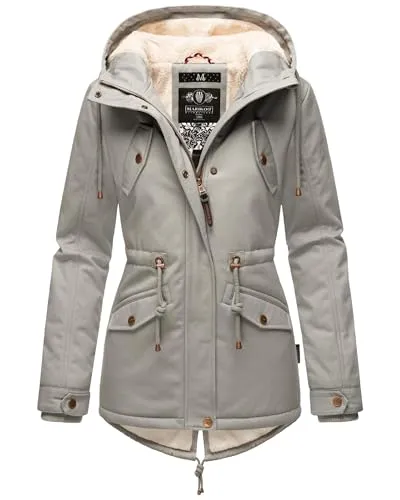MARIKOO Damen Winterjacke Manolya Grey Gr. L - Funktionsjacke mit kuscheligem Teddyfell-Futter und modischen kupferfarbenen Details - ideal für kalte Wintertage und vielseitig kombinierbar.