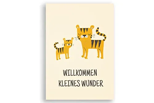 Friendly Fox Karte zur Geburt kleiner Tiger, 1x Glückwunschkarte zum Baby, Klappkarte zur Baby Geburt, Grußkarte inkl. Kraftpapier Umschlag