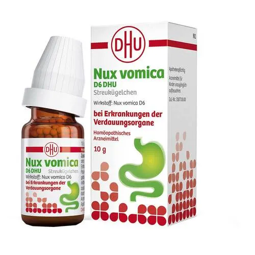 Nux Vomica D6 DHU - 10 G - Homöopathisches Arzneimittel zur Linderung von Magen-Darm-Beschwerden, ideal bei Entzündungen und Krämpfen. Enthält Sucrose.