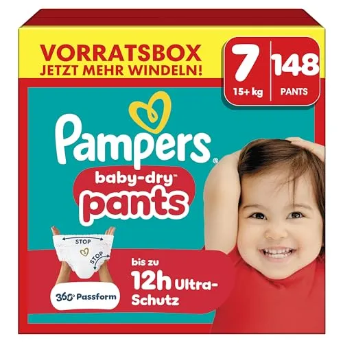 Pampers Baby-Dry Pants Größe 7, 148 Stück, 15kg+, 360° auslaufsichere Passform für Tag und Nacht