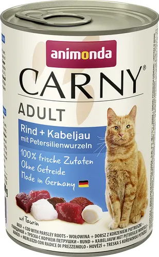 Animonda Carny Adult Rind + Kabeljau mit Petersilienwurzeln 400 g - Nassfutter Katze mit hochwertigem Rind und Kabeljau, reich an wertvollen Nährstoffen für eine gesunde Ernährung und glückliche Katzen.