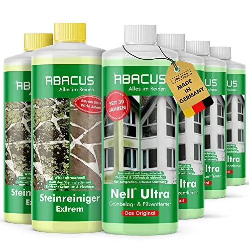 ABACUS® Nell Ultra® Grünbelagentferner 4L + Steinreiniger Extrem 2L - Moosbekämpfung: Effektiver Algenentferner mit Langzeitschutz, entfernt Grünbelag selbsttätig und schützt bis zu 12 Monate.
