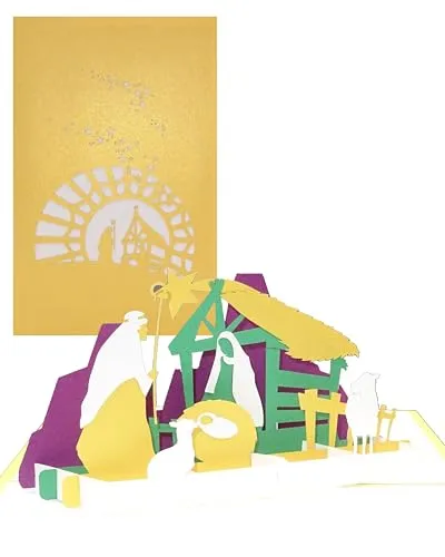 Weihnachtskarte „Krippe mit Stern“ in Gold – edle & moderne 3D Pop Up Karte mit Umschlag