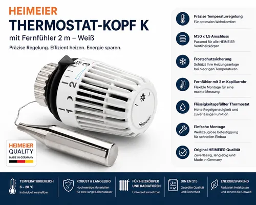 Heimeier Thermostat Kopf K mit Fernfühler - Sonstige, präzise Temperaturregelung durch Kapillarrohr mit 2 m Länge für optimale Heizungssteuerung