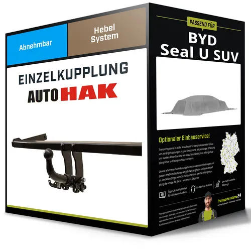 Abnehmbare Anhängerkupplung für BYD Seal U SUV (02.2024 - jetzt) - Hochwertige abnehmbare Anhängerkupplung von Auto Hak für BYD Seal U SUV. Einfache Montage, keine Eintragung in Fahrzeugpapiere nötig, maximale Anhängelast von 1500 kg.