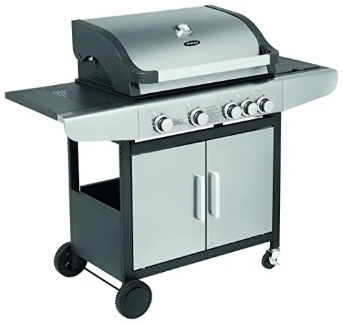 Justus 1306 04 Ares Gasgrill aus Edelstahl - Robuster Gasgrill mit feststellbaren Rollen, 3-teiligem emaillierten Gussrost und ergonomischen Drehreglern für ein perfektes Grillvergnügen.