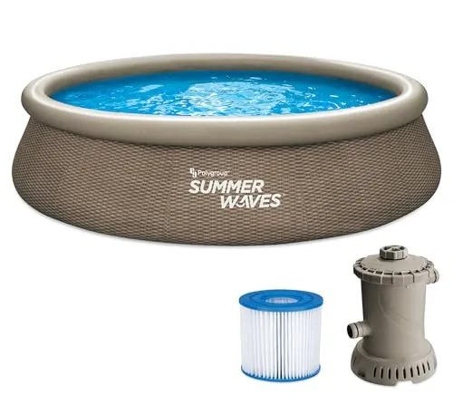 Summer Waves Quick Up Pool Komplettset | Rund 396x84 cm Rattanoptik Braun | Aufstellpool Set | Gartenpool & Schwimmbecken inkl. Filterpumpe & Filterkartusche