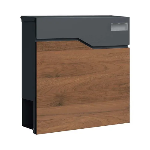 Schartec Holz Design Briefkasten SPB-7 - Eleganter Briefkasten mit dunkler Holz-Design Front, ideal für moderne Eingänge. Robuste Bauweise aus galvanisiertem Stahl, korrosionsgeschützt und mit integriertem Zeitungsfach.