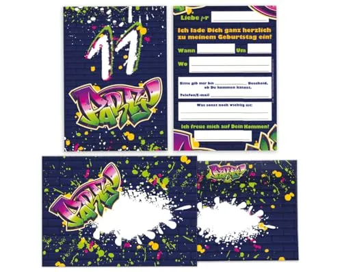 Einladungskarten inkl. 12 Umschläge zum 11. Kindergeburtstag Einladung Set Geburtstag Mädchen Kinder Jungs Jungen Boys Teenies Graffiti Jugendstill modern bunt grün lila neon 12