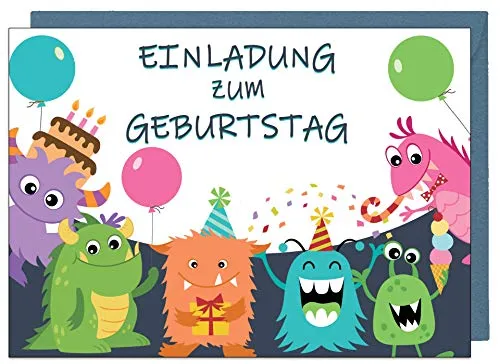 the lazy panda card company 20 Einladungskarten Kindergeburtstag: Monster Geburtstagseinladungen Einladungen Geburtstag Kinder Mädchen (20 Karten mit 20 passenden Umschlägen Briefumschlägen)