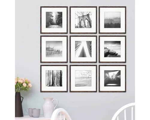 PHOTOLINI Dunkle Eiche Bilderrahmen 30x30 - Bilderrahmen Set aus MDF Holz in dunkler Eiche für stilvolle Präsentation, inkl. Passepartout und bruchsicherem Acrylglas, ideal für Ihre Fotowand.