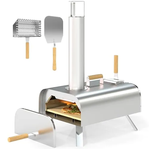 Outsunny Outdoor Pizzaofen Holzbefeuerter Pizza Ofen aus Edelstahl, Backofen mit 1cm dick Pizzastein Klappbein Pizzaschaufel Deckel Tragbarer Holzofen Pizzaöfen für Camping Garten Party