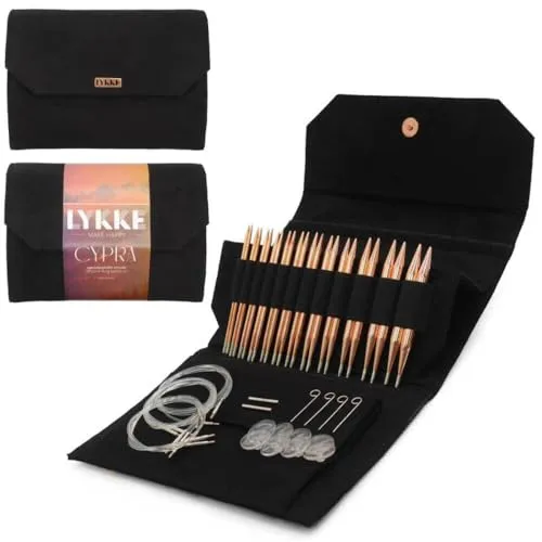 Lykke Cypra Copper 12,7 cm austauschbare Stricknadeln-Set (US 4-17) in schwarzem veganem Wildlederetui, blau, gold