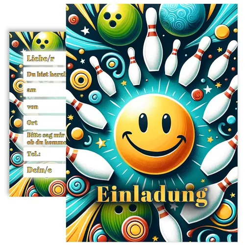 10x Bowling Einladungskarten Set "Smiley-Strike" Geburtstag Party Einladung