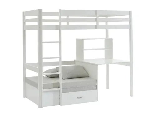 Vente-unique Hochbett GOLIATH II mit Schreibtisch & Sofa - Hochbett 90x200 cm aus massivem Kiefernholz in Weiß, inklusive Schreibtisch, Schlafsofa und Stauraum – ideal für ein funktionales Kinderzimmer!