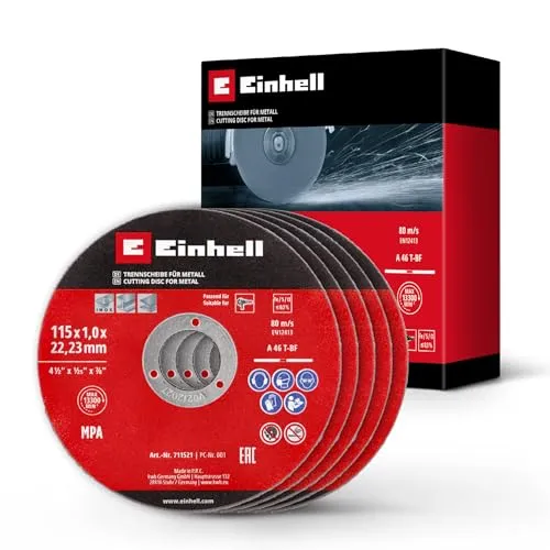Original Einhell 5-tlg. Dünntrennscheiben-Set für Metall, Ø 115 mm (1 mm Stärke, MPA-zertifiziert, hohe Lebensdauer, präzise, gratarme Schnitte, für Winkelschleifer)