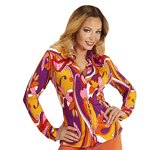 NET TOYS Knallige 70er Jahre Bluse mit Blumen - Orange-Violett XXL (50/52) - Schicke Damen-Bekleidung Retro-Hemdbluse Hippie - Bestens geeignet für Mottoparty & Schlagermove