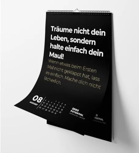 Demotivierender Kalender A4 2025 - Tischkalender mit 52 demotivierenden Sprüchen, ideal für alle, die keine zusätzliche Motivation wollen. Starte ohne Druck und genieße die Freiheit, deine Tage trist zu gestalten.