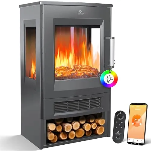 KESSER® Elektrokamin mit Heizung - Elektrischer Kamin mit Panorama-Sichtfenster, 9 LED-Flammeneffekten und WiFi App-Steuerung für eine gemütliche Atmosphäre und effiziente Heizleistung von bis zu 1800W.