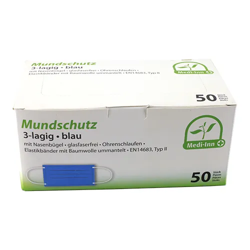 Medi-Inn® 50 "Medi-Inn®" Mundschutz Type II 3-lagig 9 cm x 17,5 cm blau mit Nasenbügel | Faltschachtel (50 Stück)