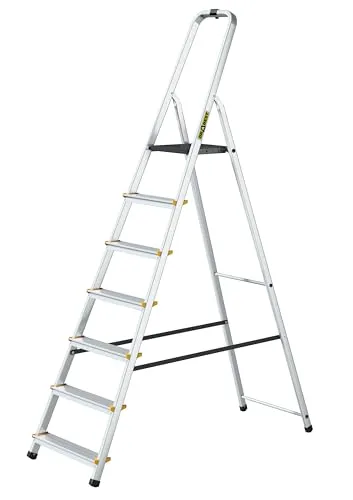 Drabest - PRO Haushaltsleiter - Stehleiter - 7 Stufen - Arbeitshöhe 3,40m - Klappleiter aus Aluminium, max. 150 kg, mit Praktischem Haken - Aluleiter mit Plattform 25x26 cm, rutschfeste Füßen