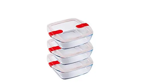 Pyrex Cook & Heat – Mikrowellen-Sets mit 3 quadratischen Behältern aus Borosilikatglas - Praktisches Set mit 3 identischen quadratischen Behältern (1 l) aus temperaturbeständigem Borosilikatglas. Ideal für die Mikrowelle dank patentiertem Deckel mit Dampfventilen und 100 % luftdicht für frische Lebensmittel.