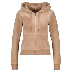 Kapuzennickijacke JUICY COUTURE "ROBERTSON HOODIE GOLD HARDWARE Damen", Damen, Gr. L, braun (caramel), 95% POLYESTER 5% ELASTAN, slim fit, Langarm, Jacken, Trainingsjacke Damen, Sweatjacke mit Kapuze, Velour, mit Glitzer, Sale