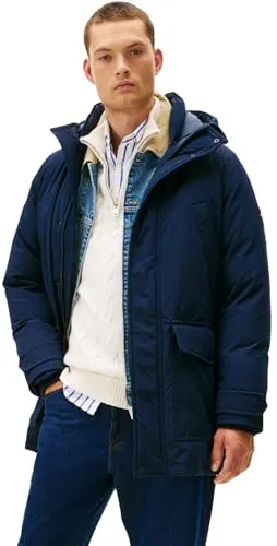 Tommy Hilfiger Herren Parka Rockie Down mit Kapuze, Blau (Desert Sky) - Stylischer und bequemer Parka aus 84% recyceltem Polyester, ideal für kalte Tage. Der Wattierte Mantel bietet optimale Bewegungsfreiheit und ist perfekt für Alltag und Reisen.
