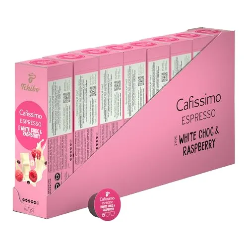 Tchibo Cafissimo Espresso Raspberry White Choc Kaffeekapseln, 80 Stück - 8x 10 Kapseln (Espresso, Geschmack von weißer Schokolade und Himbeere), nachhaltig & fair gehandelt, Limited Edition