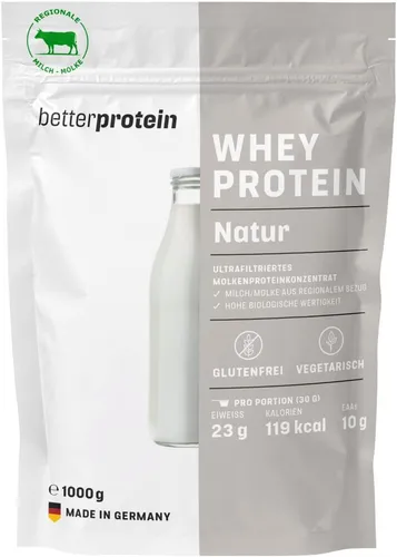 better protein Whey Protein Neutral 1 kg - Hochwertiges Eiweißpulver - Whey Protein Pulver aus regionaler Milch, ideal für Muskelaufbau und Abnehmen. Hergestellt in Deutschland, geschmacksneutral und ohne Allergene.