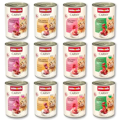 animonda Carny Katzen Nassfutter, Sorten Mix "Kräftige Variation" (12 x 400g) - Getreidefreies Katzennassfutter mit frischen Fleischzutaten, ideal für ausgewachsene Katzen. Bietet eine köstliche Mischung aus Multi-Fleischcocktail, Rind und Geflügel für ein besonderes Geschmackserlebnis.
