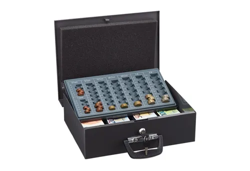 Geldkassette Handkasse abschließbar - Geldkassette aus robustem Eisen, abschließbar und tragbar. Ideal für sichere Aufbewahrung von Bargeld, mit 4 Fächern für Banknoten. Perfekt für den Einsatz unterwegs.