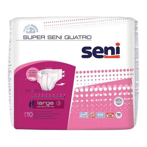 SENI Super Quatro L, 10 Stück - Inkontinenzeinlagen für höchste Ansprüche, bieten maximale Saugkraft und seitlichen Auslaufschutz für sicheren Tragekomfort bei schwerster Inkontinenz.