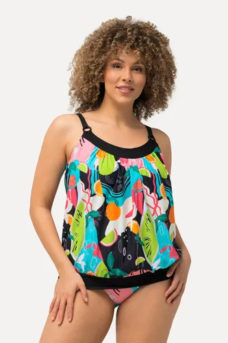 Ulla Popken Tankini mit verstellbaren Trägern - Sportlicher Tankini in schwarz mit fruchtigem Muster, ideal für den Sommer. Softcups bieten zusätzlichen Komfort, perfekt für jeden Schwimmausflug.