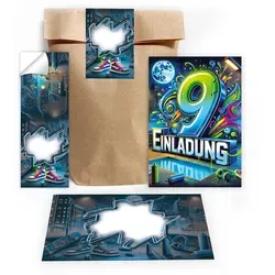LIMONIA Einladungskarten Graffiti zum 9. Geburtstag Einladungen Karten mit Umschlägen Mitgebsel, Mitgebsel Set mit Graffiti Motiv für Kinder zum neunten Geburtstag