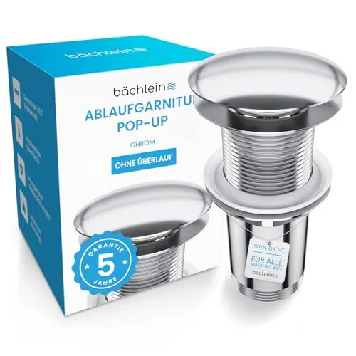 Bächlein Universal Ablaufgarnitur ohne Überlauf (Chrom) - Pop Up Ventil für Waschbecken und Waschtisch – Ablaufventil Abflussgarnitur aus Messing mit Einbauanleitung