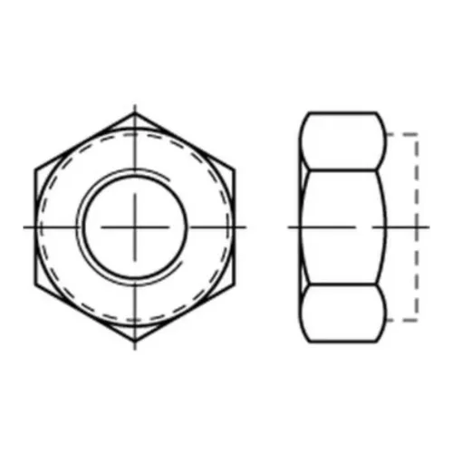 Niedrige 6kt. Mutter M16 mit nichtmetallischem Klemmteil - Eisenwaren: ISO 10511 niedrige Sechskantmutter M16, ideal für hohe Temperaturbeständigkeit von -50°C bis 120°C, mit Polyamid-Klemmteil für zusätzliche Sicherheit.