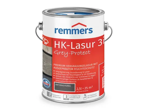Remmers Holzschutzlasur HK-Lasur 3in1 Grey-Protect anthrazitgrau 2,5 Liter - Holzlasuren für optimalen Schutz, 3in1 Formel für Farbe, Schutz und Pflege, ideal für langlebige Holzoberflächen.