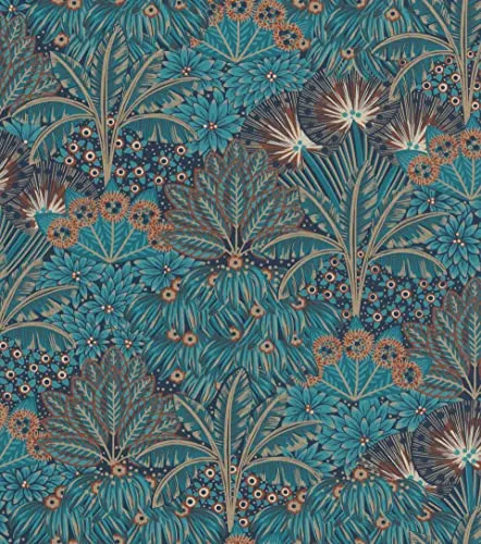 Rasch Tapete 711301 - Vliestapete mit Palmen und Palmenblättern in Petrol, Blau und Gold aus der Kollektion Sophia - 10,05m x 0,53m (LxB)